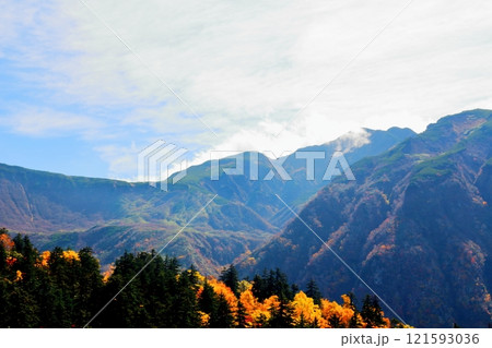 北海道紀行　　10月上旬の十勝岳連峰　　秋の十勝岳　　紅葉の十勝岳　　十勝岳温泉からの十勝岳連峰 121593036