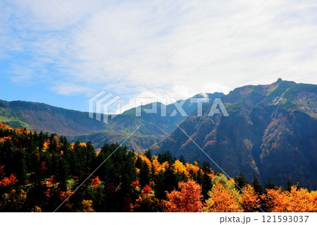 北海道紀行　　10月上旬の十勝岳連峰　　秋の十勝岳　　紅葉の十勝岳　　十勝岳温泉からの十勝岳連峰 121593037