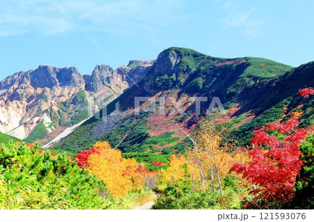 北海道紀行 10月上旬の十勝岳連峰 秋の十勝岳 紅葉の十勝岳 十勝岳温泉からの十勝岳連峰 北海道紀行 10月上旬の十勝岳連峰 秋の十勝岳 紅葉の十勝岳 十勝岳温泉からの十勝岳連峰 121593076