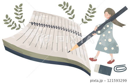 ノートに何か書き込もうとしている女の子のイラスト(文房具や学習のイメージイラスト ノートに何か書き込もうとしている女の子のイラスト(文房具や学習のイメージイラスト 121593299