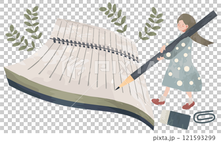 ノートに何か書き込もうとしている女の子のイラスト(文房具や学習のイメージイラスト ノートに何か書き込もうとしている女の子のイラスト(文房具や学習のイメージイラスト 121593299