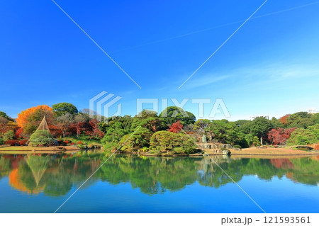 【東京都】快晴のシンメトリーな六義園の紅葉 121593561