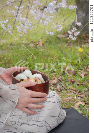 お花見をしながら食べるお弁当 121593701