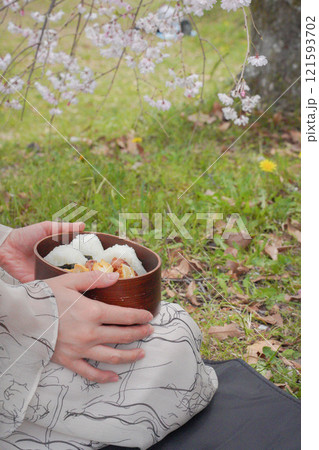 お花見をしながら食べるお弁当 121593702