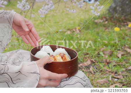 お花見をしながら食べるお弁当 121593703