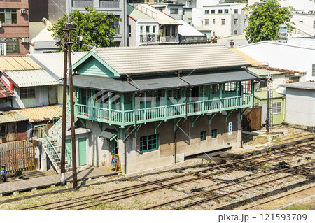 Building view of the former Kaohsiung Port Station North Signal Box in Kaohsiung, Taiwan. 121593709