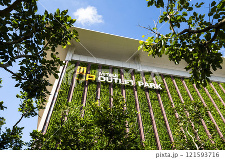 Low-angle view of the Mitsui Outlet Park Linkou in New Taipei City, Taiwan. It is Mitsui Fudosan's third overseas base. 121593716