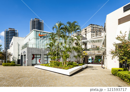 Low-angle view of the Mitsui Outlet Park Linkou in New Taipei City, Taiwan. It is Mitsui Fudosan's third overseas base. 121593717