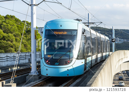 A train traveling on the Danhai Light Rail transit (LRT) in New Taipei City, Taiwan. A train traveling on the Danhai Light Rail transit (LRT) in New Taipei City, Taiwan. 121593728