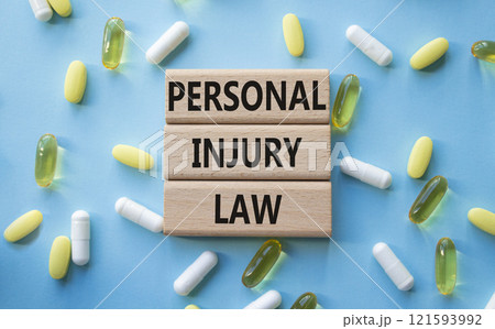 Personal Injury Law symbol. Concept words Personal Injury Law on wooden blocks. Beautiful blue background with pills. Healthcare and Personal Injury Law concept. Copy space. Personal Injury Law symbol. Concept words Personal Injury Law on wooden blocks. Beautiful blue background with pills. Healthcare and Personal Injury Law concept. Copy space. 121593992