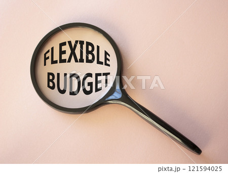 Flexible budget symbol. Concept words Flexible budget on magnifying glass. Beautiful pink background. Business and Flexible budget concept. Copy space. 121594025