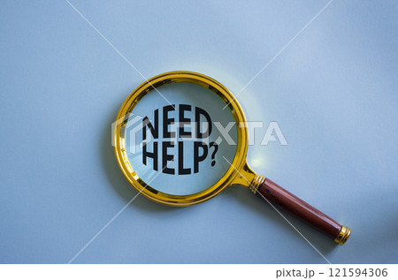 Need Help symbol. Magnifying Glass with Concept word Need Help. Beautiful blue background. Business and Need Help concept. Copy space Need Help symbol. Magnifying Glass with Concept word Need Help. Beautiful blue background. Business and Need Help concept. Copy space 121594306