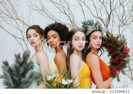 Four diverse women styled as seasonal goddesses wearing elegant dresses and holding floral arrangements, representing spring, summer, autumn, and winter with vibrant imagery and graceful poses. 121594611