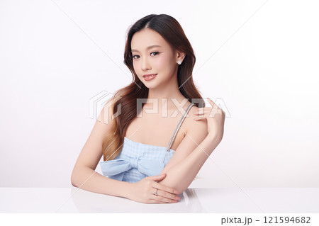 Beautiful young asian woman with clean fresh skin on white background, Face care, Facial treatment, Cosmetology, beauty and spa, Asian women portrait. 121594682