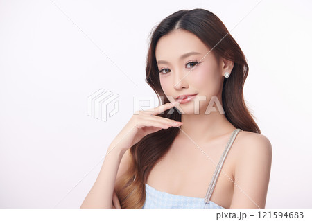 Beautiful young asian woman with clean fresh skin on white background, Face care, Facial treatment, Cosmetology, beauty and spa, Asian women portrait. 121594683