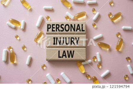 Personal Injury Law symbol. Concept words Personal Injury Law on wooden blocks. Beautiful pink background with pills. Healthcare and Personal Injury Law concept. Copy space. Personal Injury Law symbol. Concept words Personal Injury Law on wooden blocks. Beautiful pink background with pills. Healthcare and Personal Injury Law concept. Copy space. 121594794