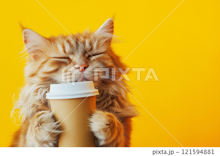 Fluffy Persian Cat Holding A Coffee Mug Against Orange Background. Funny sleepy tired orange cat with tangled fur holding a coffee cup, morning exhaustion, need for caffeine. I hate Mondays concept 121594881