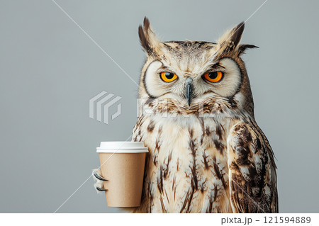 Sleepy tired, grumpy owl with wild feathers, holding a coffee cup, embodying the need for hot coffee or a caffeine and a humorous take on sleepiness. I hate Mondays concept 121594889