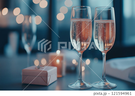 An engagement ring and two glasses with rose sparkling wine. Proposal with diamond ring. Valentine's day, romantic wedding invitation, love greeting card. Dating, falling in love, wedding celebration 121594961
