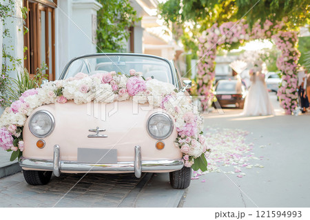 Wedding car decorated with flowers. Classic vintage elegant bridal car, old-fashioned car for weddings. Floral wedding decorations for traditional festive celebrations. Love and marriage concept 121594993