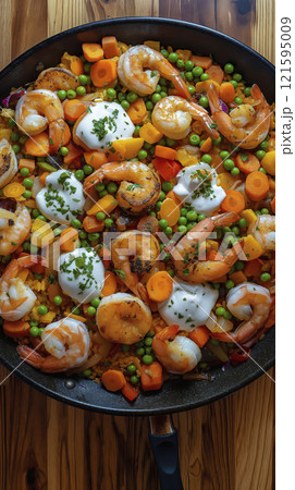 Delicious Shrimp Dish with Carrots, Peas, and Flavorful Sauce in a Pan 121595009
