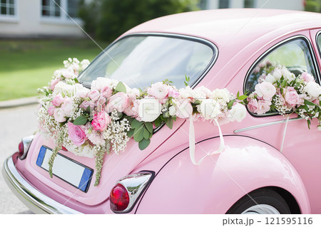 Wedding car decorated with flowers. Classic vintage elegant bridal car, old-fashioned car for weddings. Floral wedding decorations for traditional festive celebrations. Love and marriage concept 121595116