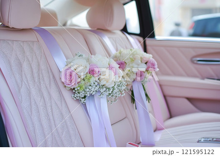Wedding car interior decorated with flowers. Classic elegant bridal car, old-fashioned car for weddings. Floral wedding decorations for traditional festive celebrations. Love and marriage concept Wedding car interior decorated with flowers. Classic elegant bridal car, old-fashioned car for weddings. Floral wedding decorations for traditional festive celebrations. Love and marriage concept 121595122