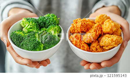 Two bowls with broccoli and with fried chicken. A choice between healthy nutrition and junk food, diet, nutrition, healthy lifestyle concept 121595143