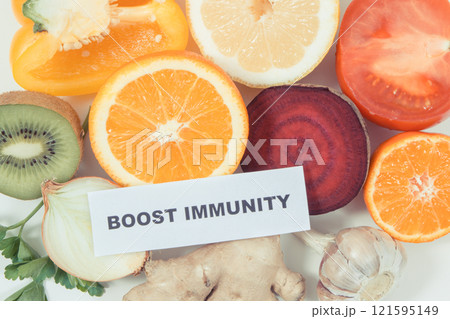 Inscription boost immunity and fresh fruits with vegetables Inscription boost immunity and fresh fruits with vegetables 121595149