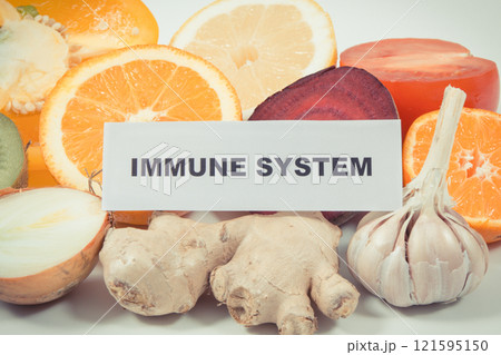 Inscription immune system, fresh healthy fruits and vegetables containing vitamins Inscription immune system, fresh healthy fruits and vegetables containing vitamins 121595150