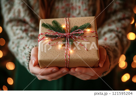 Female hands holding a gift box. Woman in warm sweater holding Christmas gift, bokeh lights creating a warm festive atmosphere on a background. Happy New Year and Christmas celebration concept 121595204
