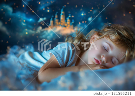 Serene image of a little girl sleeping peacefully, dreaming of a fairytale castle, magical cloud and star-filled night sky around. Childhood, imagination and tranquility, daydreaming, sleeping hours 121595211