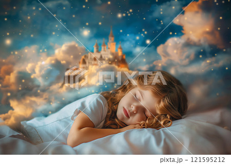Serene image of a little girl sleeping peacefully, dreaming of a fairytale castle, magical cloud and star-filled night sky around. Childhood, imagination and tranquility, daydreaming, sleeping hours 121595212