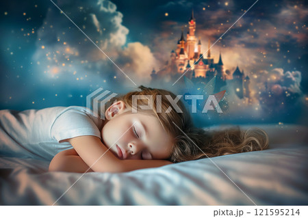 Serene image of a little girl sleeping peacefully, dreaming of a fairytale castle, magical cloud and star-filled night sky around. Childhood, imagination and tranquility, daydreaming, sleeping hours 121595214