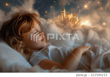 Serene image of a little girl sleeping peacefully, dreaming of a fairytale castle, magical cloud and star-filled night sky around. Childhood, imagination and tranquility, daydreaming, sleeping hours 121595215