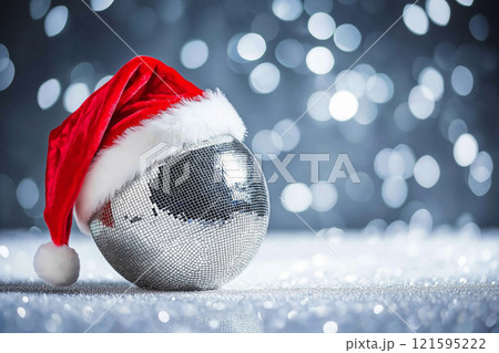 Disco ball in Santa's hat. Happy New Year and Christmas celebration concept, holiday party vibes, funny creative minimal photo 121595222