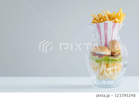 Female figure made out of unhealthy fast food. Glass vase full of junk food forming an obese figure as a symbol of unhealthy eating, wrong food choices. Overweight human silhouette, diet concept Female figure made out of unhealthy fast food. Glass vase full of junk food forming an obese figure as a symbol of unhealthy eating, wrong food choices. Overweight human silhouette, diet concept 121595248