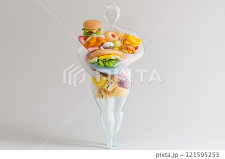 Female figure made out of unhealthy fast food. Glass vase full of junk food forming an obese figure as a symbol of unhealthy eating, wrong food choices. Overweight human silhouette, diet concept 121595253