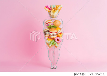 Female figure made out of unhealthy fast food. Glass vase full of junk food forming an obese figure as a symbol of unhealthy eating, wrong food choices. Overweight human silhouette, diet concept 121595254