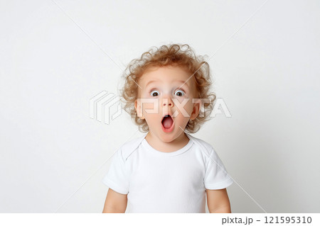 A shocked cute baby with wide eyes and an open mouth looking at the camera, surprise, wow concept. Amazed, excited child, funny reaction on amazing news, loud sound or something new 121595310