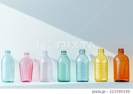 Different transparent plastic bottles on light background. Colorful plastic bottles of various sizes and shapes standing in a row, copy space. Recycling concept 121595330
