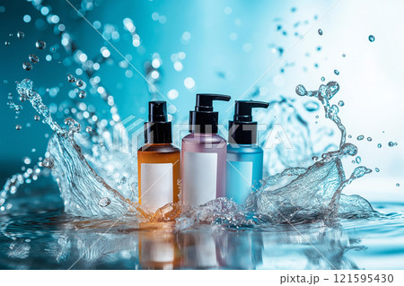 Colorful hair care products make a splash in water. Ideal for promoting beauty, hydration, and freshness in product advertising. Cosmetics, nourishing daily care products Colorful hair care products make a splash in water. Ideal for promoting beauty, hydration, and freshness in product advertising. Cosmetics, nourishing daily care products 121595430