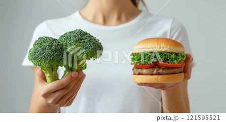 Woman holding broccoli and a burger. A choice between healthy nutrition and junk food, diet, nutrition, healthy lifestyle concept. Dieting, food choices, cheat meal. 121595521
