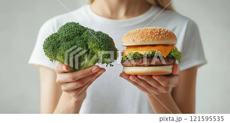 Woman holding broccoli and a burger. A choice between healthy nutrition and junk food, diet, nutrition, healthy lifestyle concept. Dieting, food choices, cheat meal. 121595535