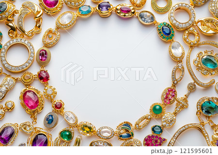 A round frame made of jewelry items. Fashion jewelry frame on white background. Golden and silver jewelry with precious gemstones and pearls, frame with luxury stones and metals 121595601