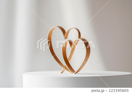 Golden hearts sculpture on neutral background. Love and romantic background. Valentine's day concept, Mother's day, engagement, proposal, wedding, dating, love hearts, celebrations, banner 121595603