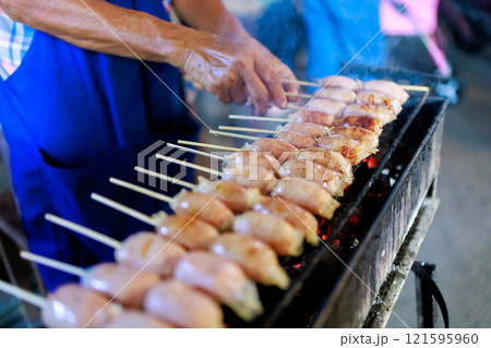 Top view of Grilled Isan Sausage, focus selective 121595960