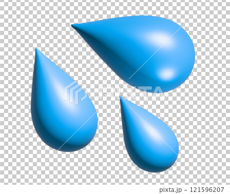 Three light blue droplets 3D icon, as sweat beads, splashing down to right Three light blue droplets 3D icon, as sweat beads, splashing down to right 121596207
