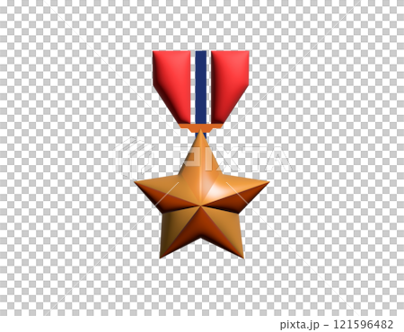 3D classic bronze military medal star icon with red, blue ribbon 121596482