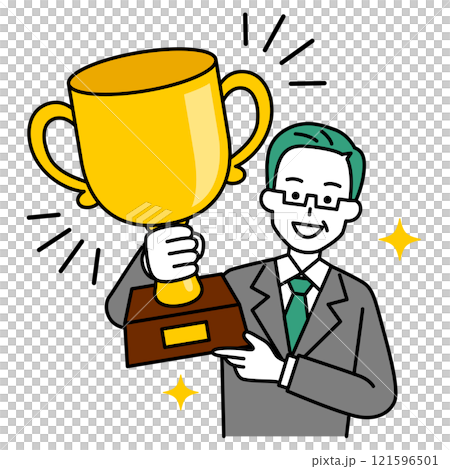 A middle-aged man in a suit holding a gold trophy 121596501